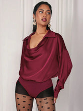 COSMINA 1pc Women's Cowl Neck Wine Red Bodysuit, For Valentine's Day, Autumn/Winter